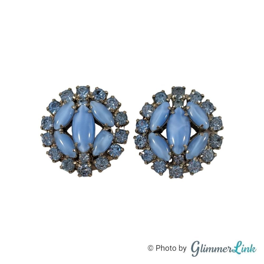 Vintage Blue Round and Navette Rhinestones Round Silver Tone Clip On Earrings